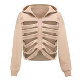 Women's Y2K Goth Cutout Zip-up Sweatshirt Grunge Long Sleeve Punk Harajuku Unisex Hooded Skeleton Hollow