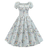 2022 Summer Dress Women Puff Sleeve Swing Vintage Dresses Robe Femme Elegant Floral Print Pin Up Party Dresses