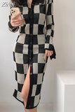 Long Sleeve Polo Plaid Slim Pencil Dresses for Women Evening Party Sexy Split Sweater Bodycon Dress Autumn Winter