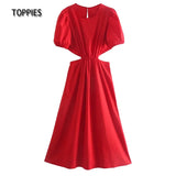 Summer Dress Sexy Hollow Out Backless Midi Dress Puff Sleeve Vacation Beach