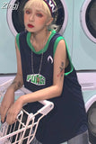 Retro T-shirts Letter Women Mid Length Camisetas Harajuku Hip Hop Loose Ball Suit Summer O-Neck Sleeveless Vest