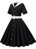 Solid Shirt Women Dress With Belt Button Hepburn Style Turn Down Collar Swing Dresses Retro Vintage 60s Rockabilly