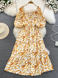 Women Printed Long Dress Vintage V-Neck Puff Short Sleeve A-Line Slim Vestidose Female Elegant Casual Robe New