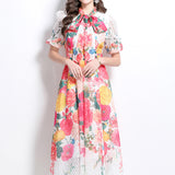 Famous Bow Tie With Lantern Sleeve High-Rise Dress Female Thin Elegant Print