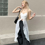 Y2K Solid Long Camis Women Streetwear Sexy Slash Neck Slit Ruffles Sleeveless Corset Tank Beach V Neck Backless Crop