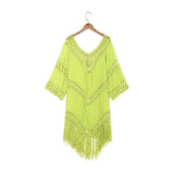 Queens Women Solid Half Sleeve Beach Tassel Loose Bohemian Mini Dress Ladies V-neck Boho Sundress