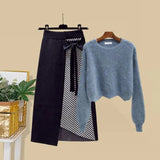Women Autumn Winter Warm Knitted Two Pieces Sets Korean Long Sleeve Pullover Sweater Top And High Waist Skirts