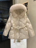 New Real Natural Fox Fur Hooded Winter Coat Belts Women 90% White Duck Down Jacket Thickened Warmth Waterproof