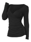 Women Black Ruched Plunging Long Sleeve T Shirt Autumn Spring V Neck Casual Solid Female Tops Tees