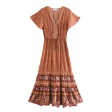 Queens Women Floral Print Beach Bohemian Rayon Maxi Dresses Ladies Deep V Neck Button Boho Pleated Dress