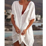 Women Buttons Office Lady Beach T-Shirts Oversized Loose Round Neck Solid Half Sleeve Summer Casual Blouse