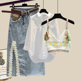 Outfits For Women 2023 Fashion Boho Knitted Vest+long Sleeve Sunscreen Blouse+side Split Pearl Beading Denim Skirts
