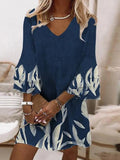 New Casual Office Women Pullover Dress Summer V-Neck Ruffle Sleeve Mini Dress Ladies Fashion Printed Loose A-Line