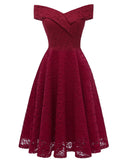 Elegant Summer Women Lace Tunic Midi Dress Slash Neck Short Sleeve Knee Pure Solid Black Red Knee Length A Line Party