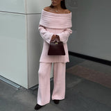 Selling A Word Shoulder Knitted Commuting Set Loose Top Broad Leg Trousers Simple High-Grade Gray Workplace
