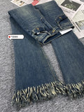 Women Fashion Flare Jeans Tassel Baggy Denim Trousers High Waist Loose Elasticity Korean Style Street Femme Wide Leg
