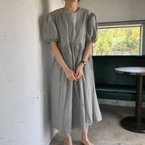 Zingj Chic Summer Elegant Contracted Round Collar Loose Versatile Bubble Sleeve Pressure Fold Closed Waist Design Long Dress-Outfit