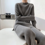 And Winter Solid Color Round Collar Open Fork Sweater Set Women's Loose Knitting Tops Broad Leg Pants Two