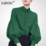 Spring Autumn Fashion Vintage Striped Print Single Breasted Casual Shirt Top Women Lantern Long Loose Blouse Female