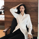 Elegant Irregular Blouses Women Gray Bandage Long Sleeve Shirts Office Lady Korean Streetwear Stand Collar Casual Tops