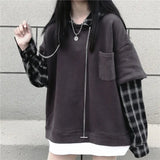 Plaid Hoodies Women Loose Causal Deeptown Striped Lady Sweatshirt Gothic Style Korean Fashion Street Pullovers