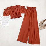 2021 New Summer Women Casual Solid Color Off Shoulder Short Tops+Elastic Waist Wide Leg Long Pants Sexy Two Piece
