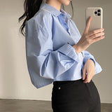 Y2K White Slit Shirts Women Korean Elegant Solid Casual Long Sleeve Split Chic Blouse Fashion Streetwear Loose Crop
