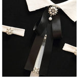 Women Beading Button Knitted Dress Plus Size Chic Autumn Black White Hit Color Pearl Bowknot Lapel Collar Sweater