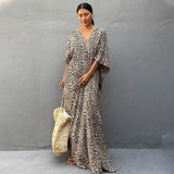Leopard Self Belted Side Split Summer Beach Dress Long Tunic Women Clothes Plus Size Beachwear Maxi Dress