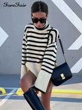 2021 Autumn Winter Oversized Knitted Pullover Women Turtleneck Long Sleeve Khaki Striped Loose Sweater Casual