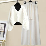 Winter 3 Piece Sets For Women Outfits Korean Casual Basic Top+hollow Out Knitted Sweater+drawstring Pant Sets Women