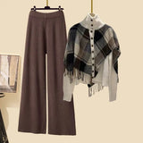Knitted Two Pieces Sets Womens Outfits Office Ladies Elegant Vintage Plaid Patchwork Sweater Cardigan+ Wide Leg Pant