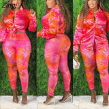 Femme Print Jacket & Trousers Office Lady Outfits Autumn Women two Pieces set Chain Print Button Coat & Pants Suit