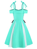 Women Party Dress Cold Shoulder Lace-Up Contrast Flare Dress Short Sleeves Casual Mini Dresses Robe