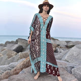 Queens Women Floral Print Short Sleeve Beach Loose Bohemian Maxi Dress Ladies Cotton Rayon Boho Sundress