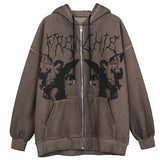 Gothic Streetwear Skeleton Print Oversize Hoddie Women Punk Harajuku Hip Hop Zipper Sweatshirt Female Mall Goth