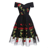Runway Women's Dress Slash Neck Mesh Hem Lace Flowers Slim Elegant White Black Rose Party Dresses Vestidos De