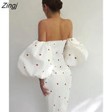 Strawberry Floral Print Short Puff Sleeve Dress Women Sexy Strapless Party Club Bodycon Dresses Ladies Pleated