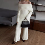Selling A Word Shoulder Knitted Commuting Set Loose Top Broad Leg Trousers Simple High-Grade Gray Workplace
