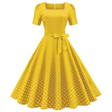 Dot Vintage Dress Women Summer Tunic Robe Elegant Short Sleeve Square Collar A-Line Midi Party Sundress 50s 60s