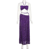 Two Piece Set Dress Fashion 2022 Summer Halter Lace Up Hollow Out Long Maxi Bandage Low Waist Evening Party Club