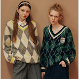 Brand Chic Vintage V-neck Argyle Sweater Women Harajuku Teens Loose Winter Pullovers Green Red Y2K Preppy Clothes