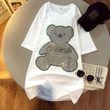Crystal Diamonds Cartoon Cute T Shirts Women Girl Kawaii Oversized Tops Korean Fashion Summer Cotton Black White
