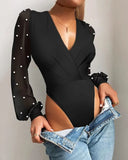 New Winter Women Sexy Lace Puff Sleeve Red Bodysuit Blouse Solid V-Neck Black See Through Body Top Patchwork One Piece