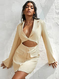 Autumn Long Sleeve Blazer Dress For Women Khaki Notched Collar Hollow Out Button Dresses Bodycon Party Mini