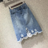 VAREY LIN 2025 New Spring Women Denim Skirts Casual Lace Irregular A-line Skirts High Waist Hole Split Denim Skirt Lady 211-1-Outfit