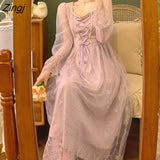Vintage Fairy Dress Women Count Lace-up Korean Party Midi Dress Retro Casual Elegant Princess Dress 2021 Long Sleeve