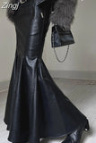 Spring Autumn Chic Stylish Black Soft Pu Leather Midi Mermaid Skirt Women High Waist Long Luxury Designer Clothes