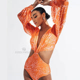 V- Neck Bandage Print Long Sleeve Swimwear Women Monokini Sexy Bathing Suit String Backless Beachwear Pus Size