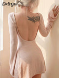 Backless Chic Solid Long Sleeve Autumn Dress Women Korean Fashion Basic Mini Dresses Slim Elegant Clothes Ladies